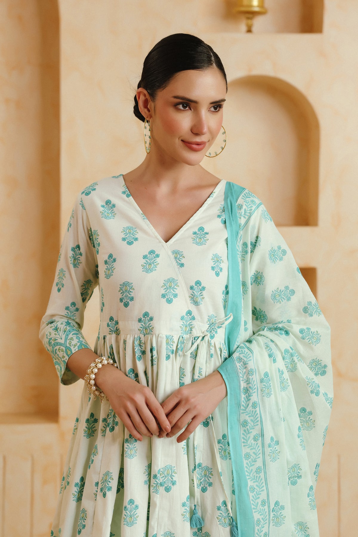 White Turquoise Floral Printed Cotton Kurta Set with Dupatta