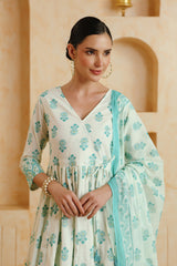 White Turquoise Floral Printed Cotton Kurta Set with Dupatta