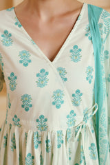 White Turquoise Floral Printed Cotton Kurta Set with Dupatta
