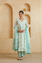 White Turquoise Floral Printed Cotton Kurta Set with Dupatta