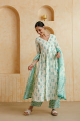 White Turquoise Floral Printed Cotton Kurta Set with Dupatta