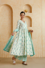 White Turquoise Floral Printed Cotton Kurta Set with Dupatta