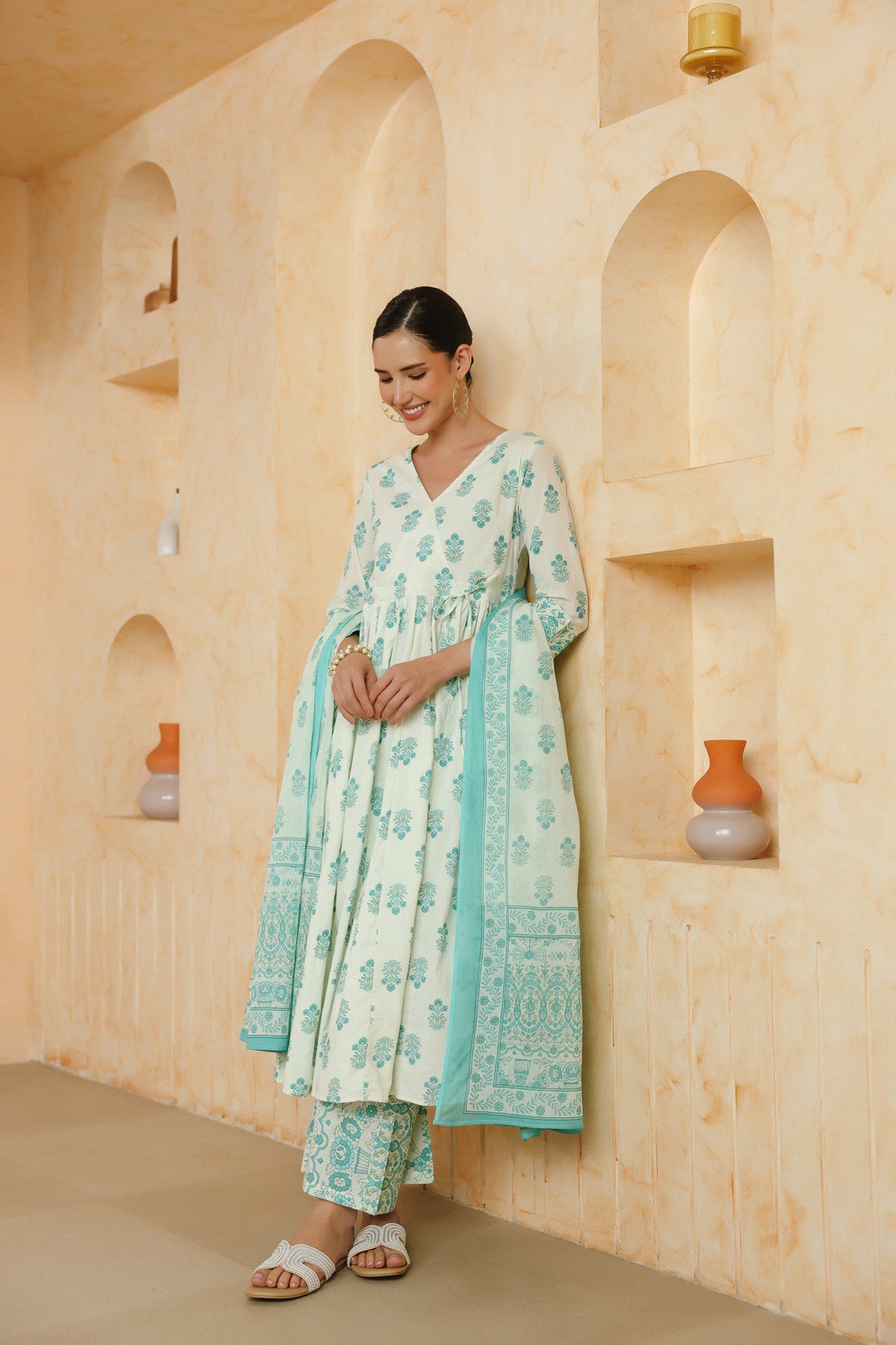White Turquoise Floral Printed Cotton Kurta Set with Dupatta