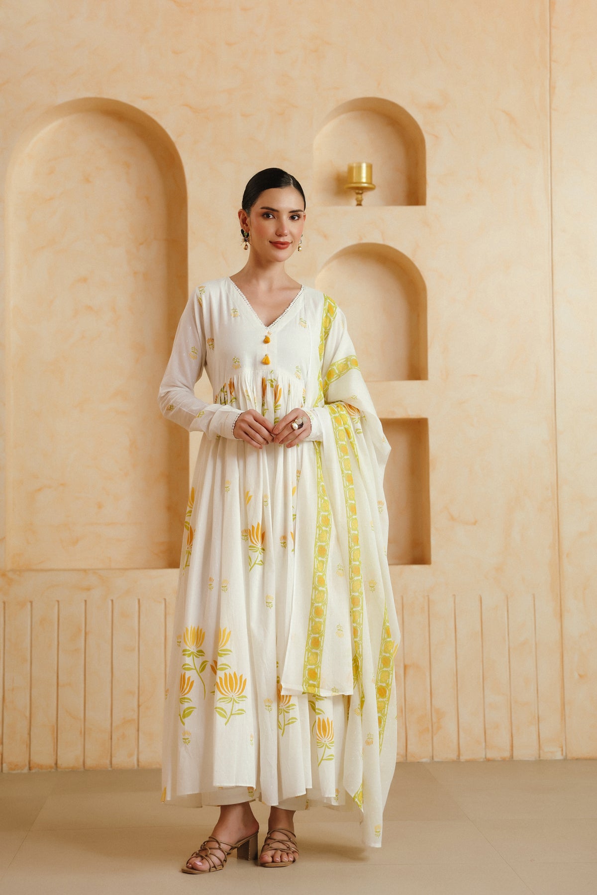 White & Yellow Floral Printed Cotton Kurta Set with Dupatta