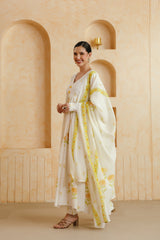 White & Yellow Floral Printed Cotton Kurta Set with Dupatta