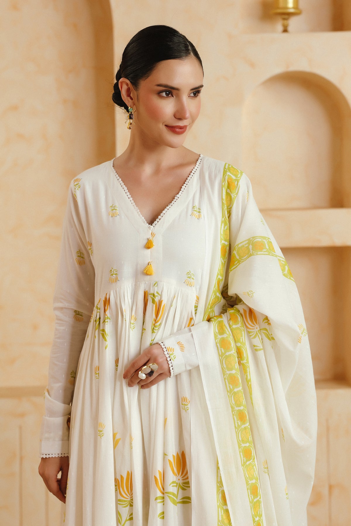 White & Yellow Floral Printed Cotton Kurta Set with Dupatta