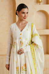 White & Yellow Floral Printed Cotton Kurta Set with Dupatta