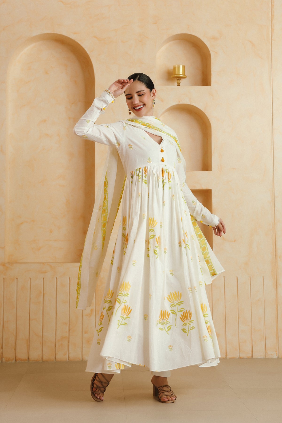 White & Yellow Floral Printed Cotton Kurta Set with Dupatta