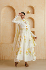White & Yellow Floral Printed Cotton Kurta Set with Dupatta