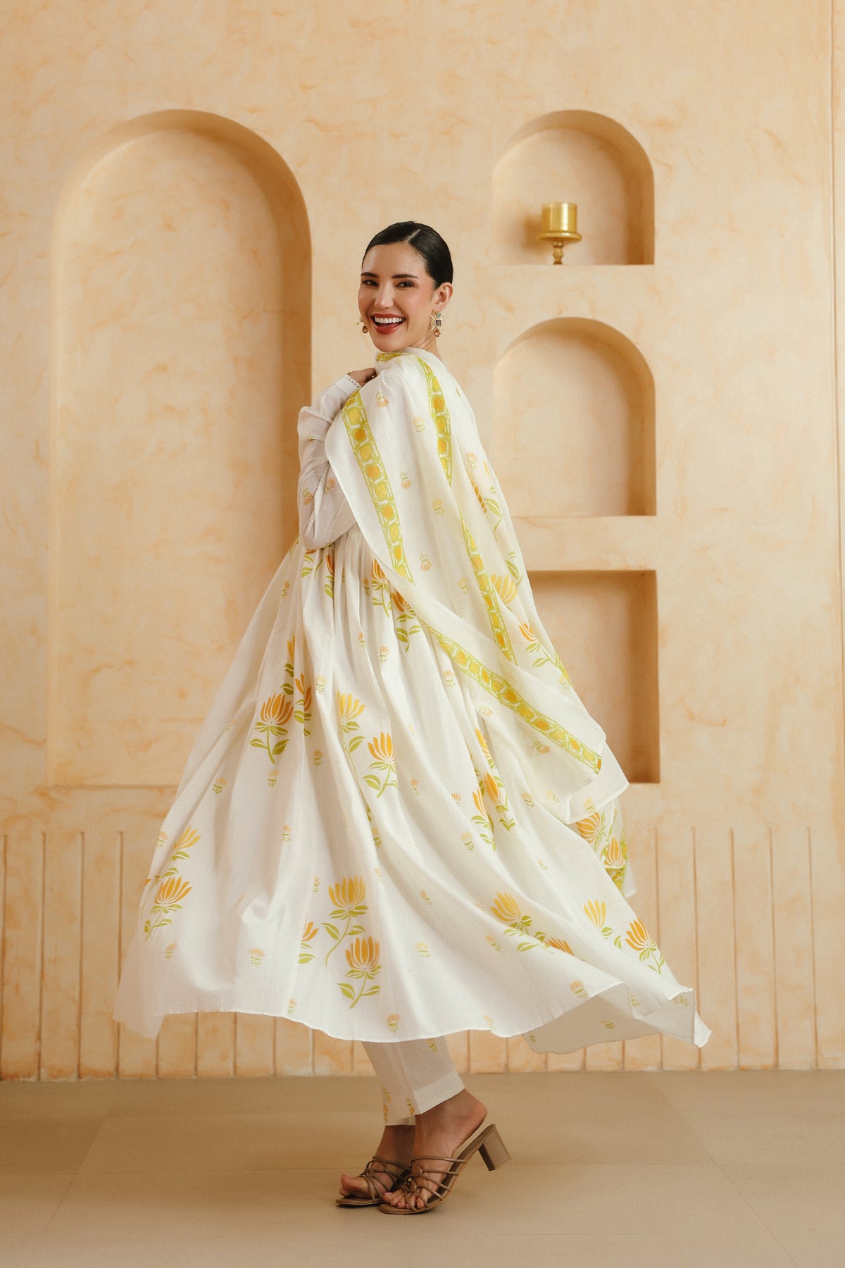 White & Yellow Floral Printed Cotton Kurta Set with Dupatta