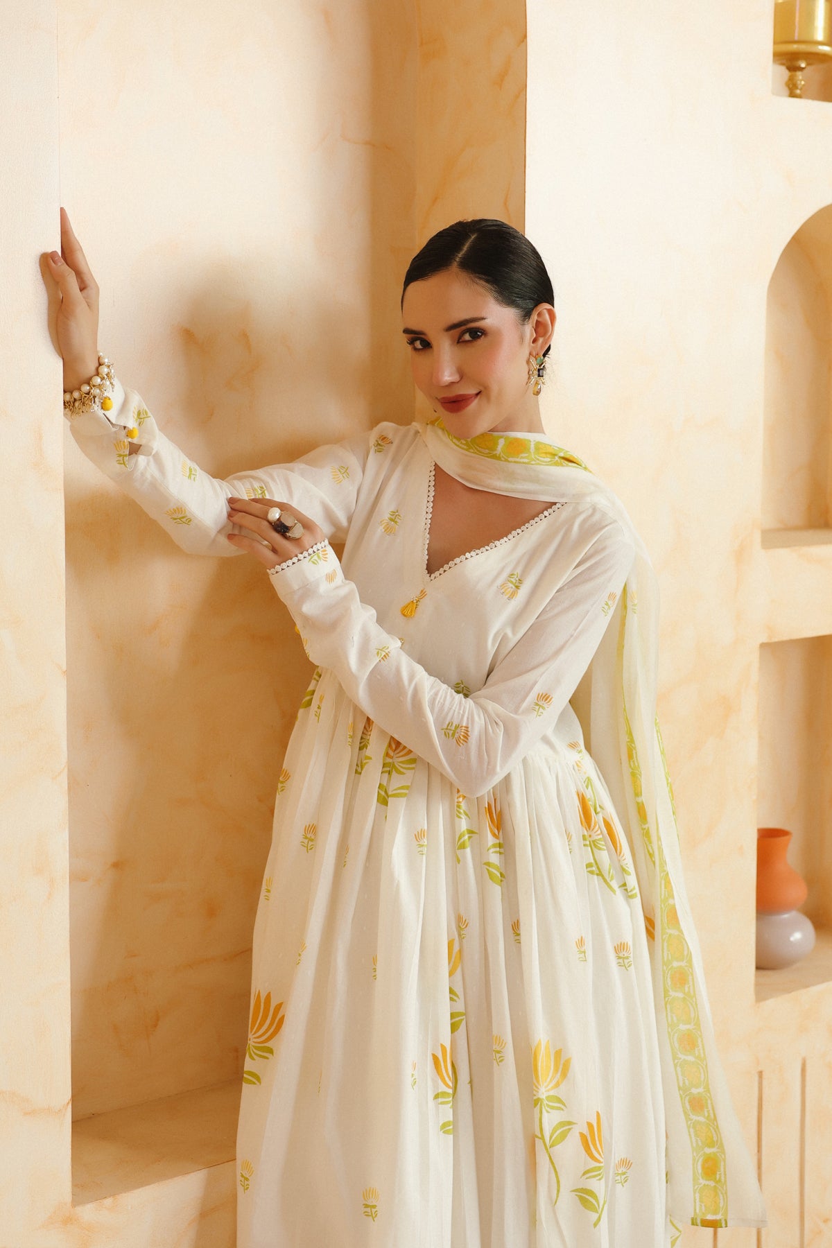 White & Yellow Floral Printed Cotton Kurta Set with Dupatta