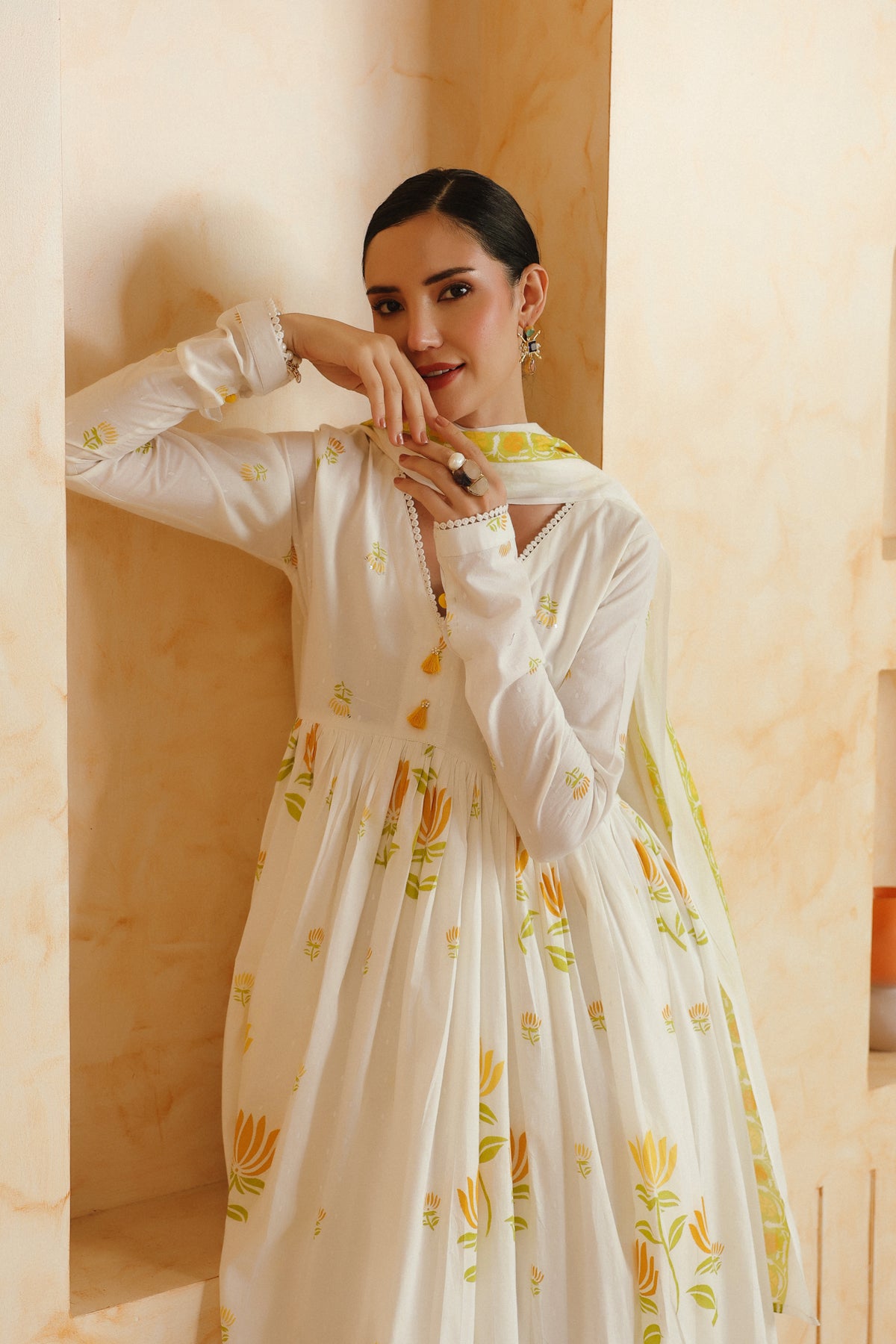 White & Yellow Floral Printed Cotton Kurta Set with Dupatta