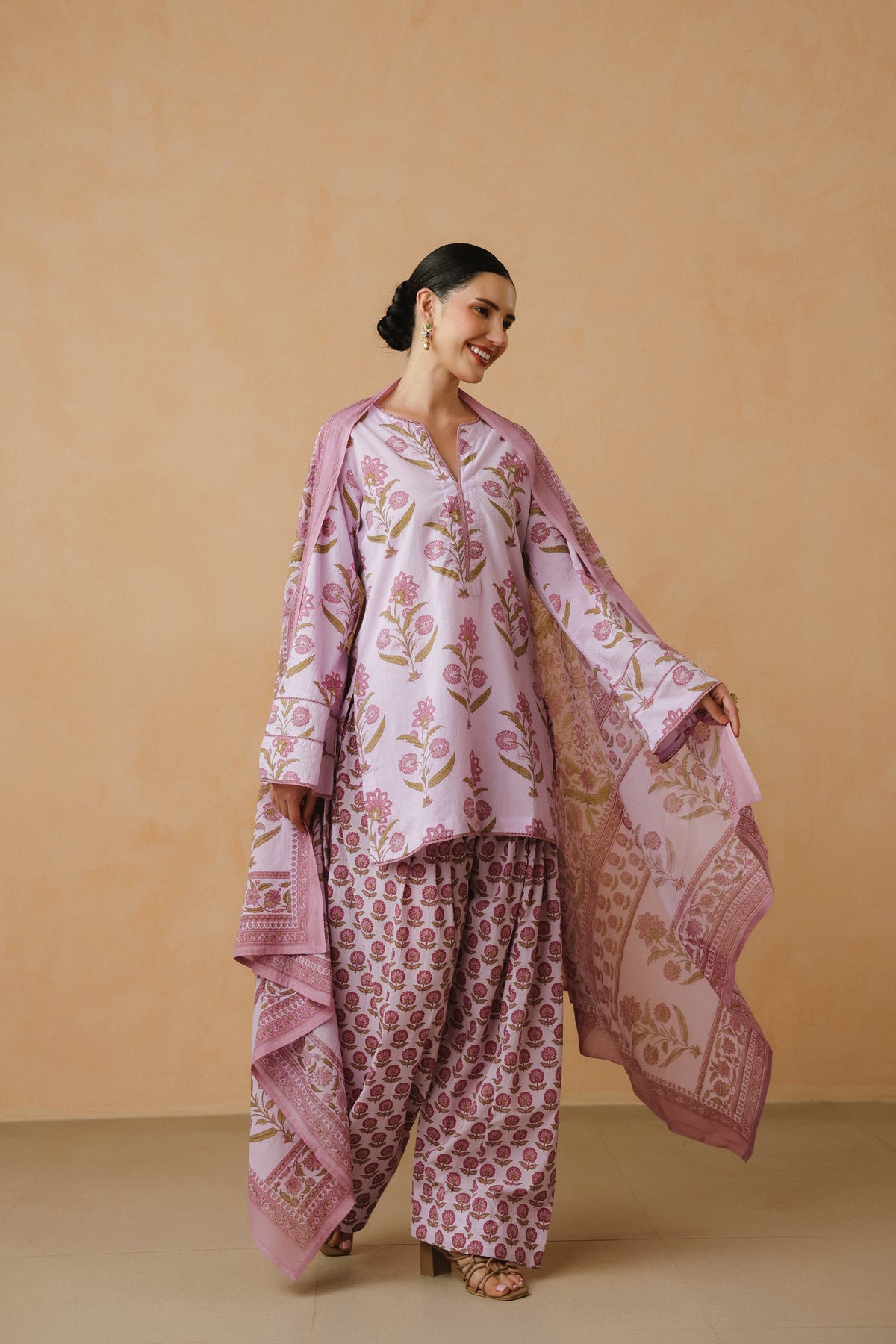 Lavender Printed Cotton Farshi Kurta, Salwar & Dupatta Set