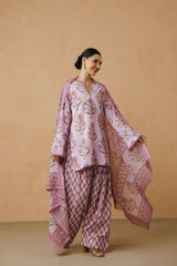 Lavender Printed Cotton Farshi Kurta, Salwar & Dupatta Set