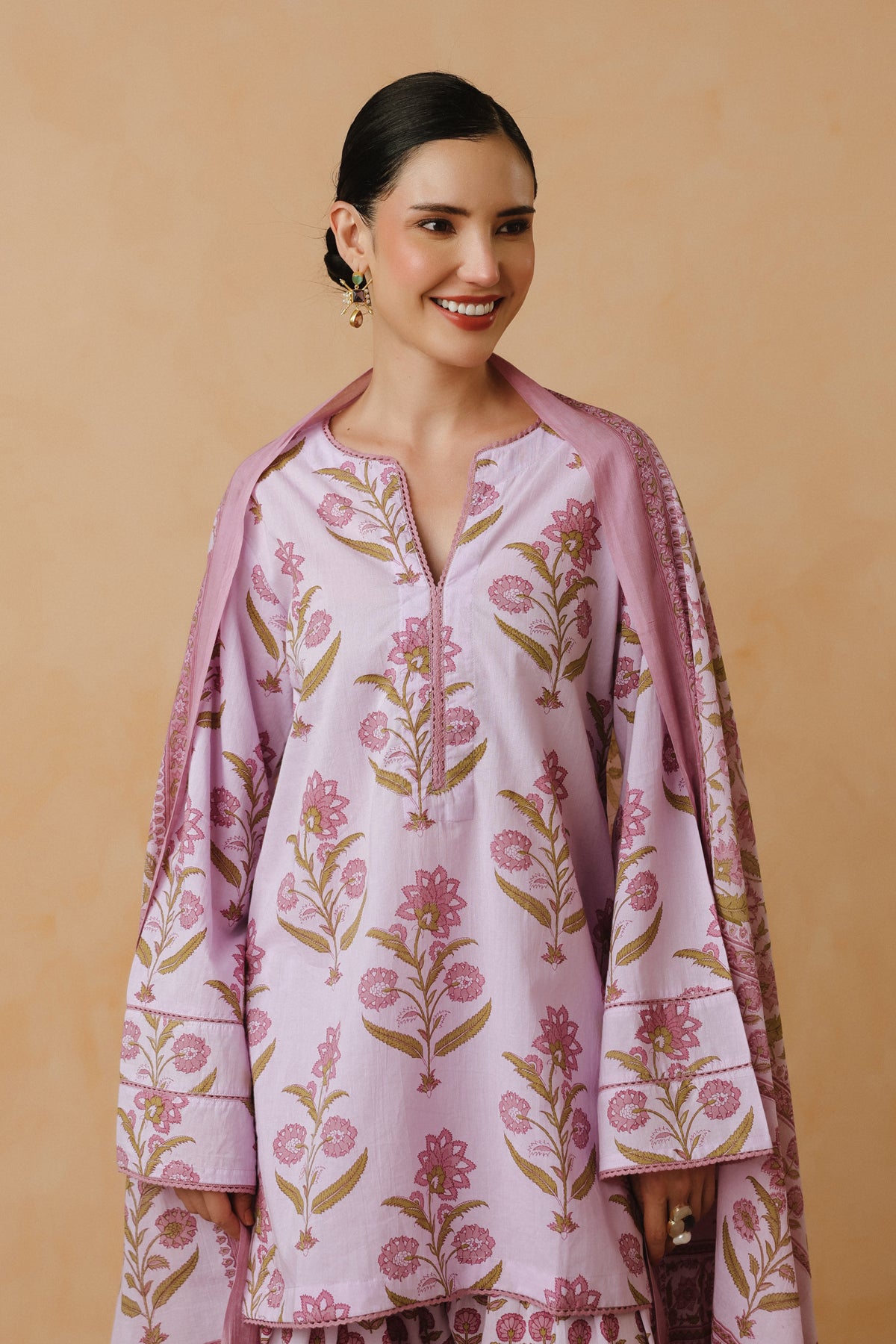 Lavender Printed Cotton Farshi Kurta, Salwar & Dupatta Set
