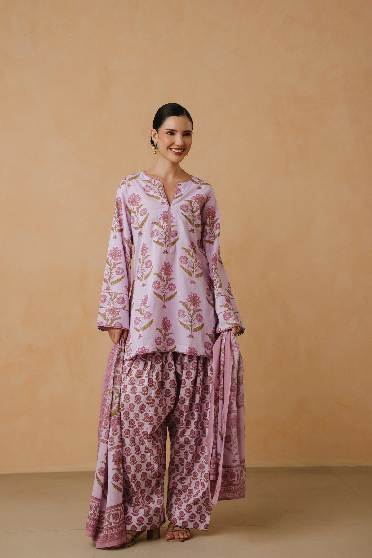Lavender Printed Cotton Farshi Kurta, Salwar & Dupatta Set