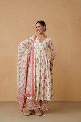 White Pink Floral Printed Cotton Kurta Set with Dupatta