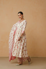 White Pink Floral Printed Cotton Kurta Set with Dupatta