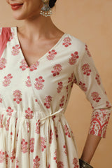 White Pink Floral Printed Cotton Kurta Set with Dupatta