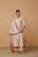 White Pink Floral Printed Cotton Kurta Set with Dupatta