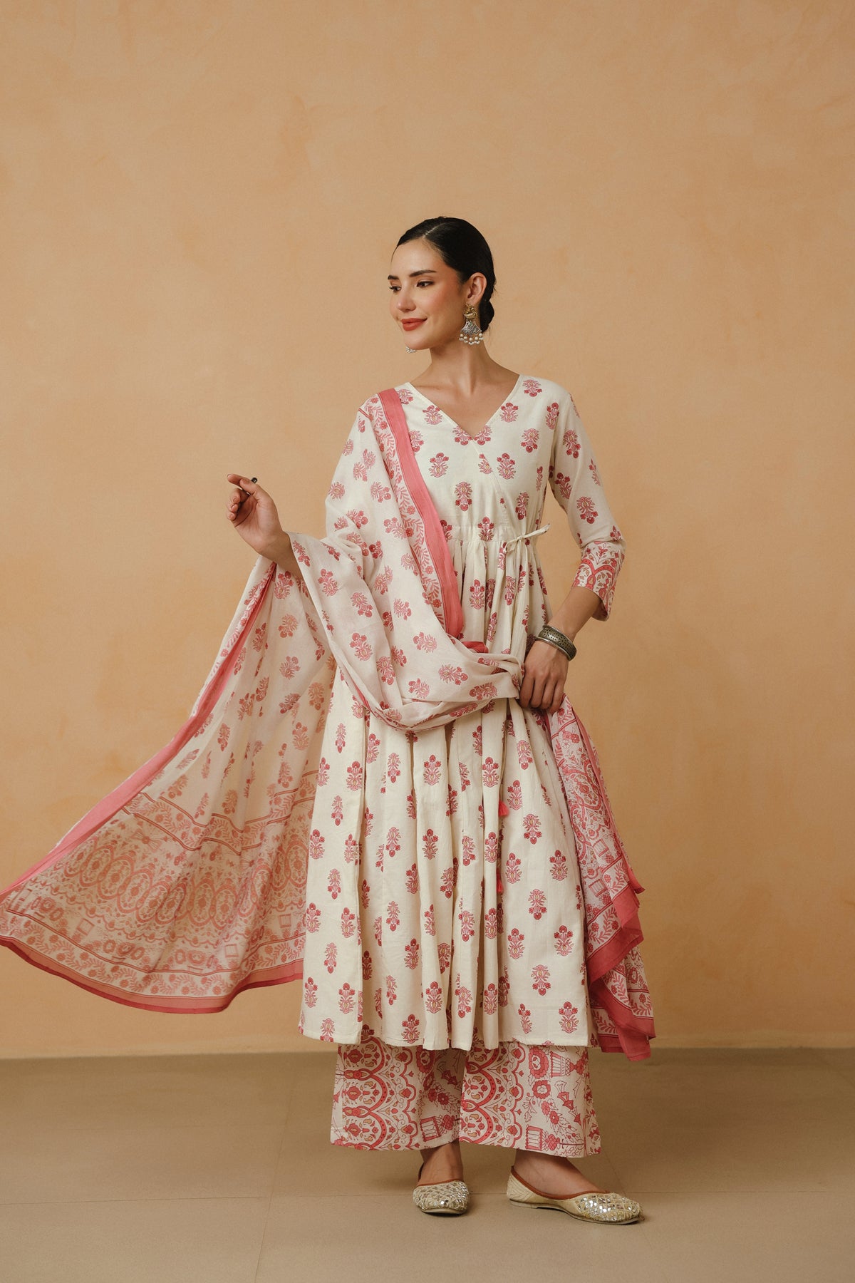 White Pink Floral Printed Cotton Kurta Set with Dupatta