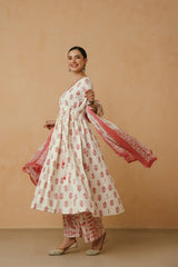 White Pink Floral Printed Cotton Kurta Set with Dupatta