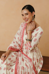 White Pink Floral Printed Cotton Kurta Set with Dupatta