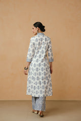 Blue Floral Printed Cotton Kurta Set with Lining and Dupatta