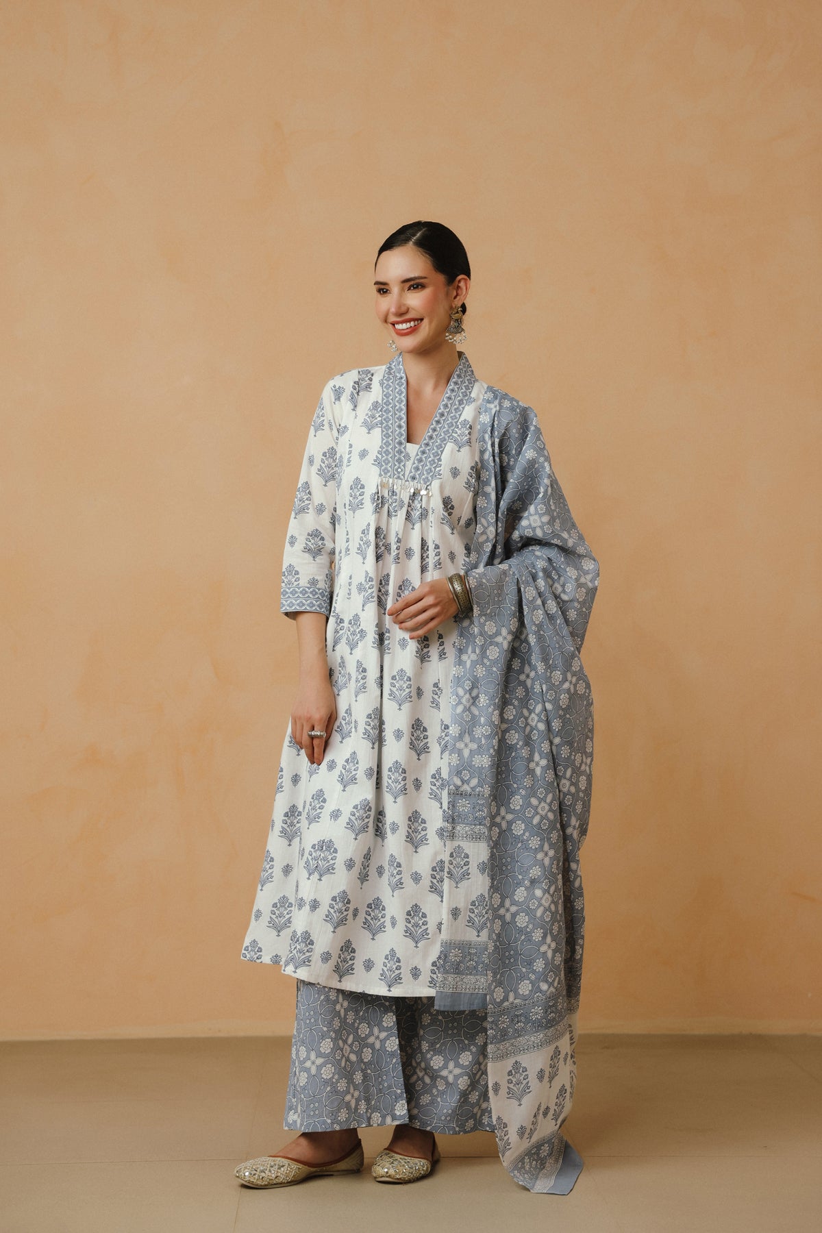 Blue Floral Printed Cotton Kurta Set with Lining and Dupatta