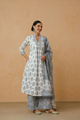 Blue Floral Printed Cotton Kurta Set with Lining and Dupatta