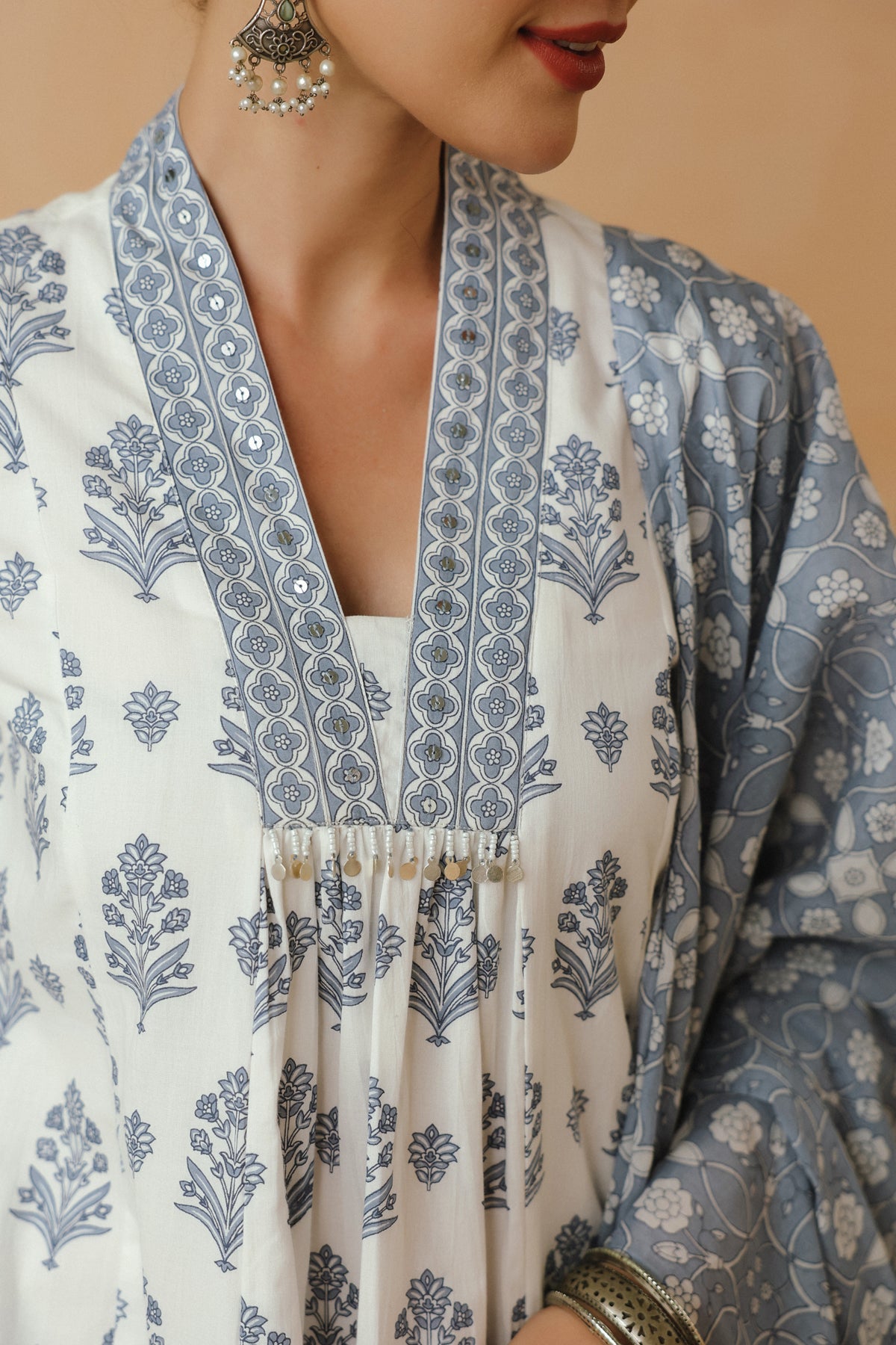 Blue Floral Printed Cotton Kurta Set with Lining and Dupatta