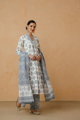 Blue Floral Printed Cotton Kurta Set with Lining and Dupatta