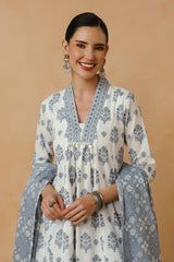 Blue Floral Printed Cotton Kurta Set with Lining and Dupatta