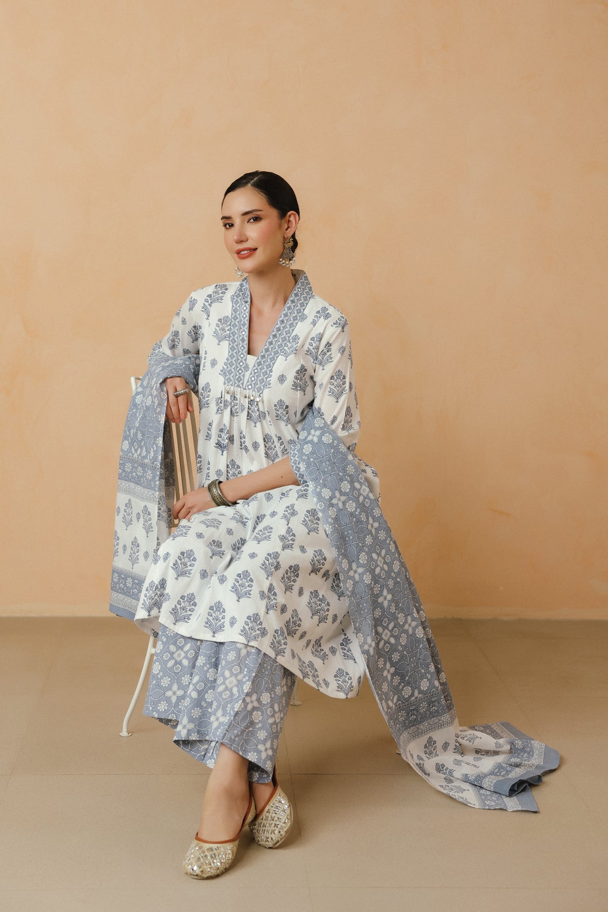 Blue Floral Printed Cotton Kurta Set with Lining and Dupatta