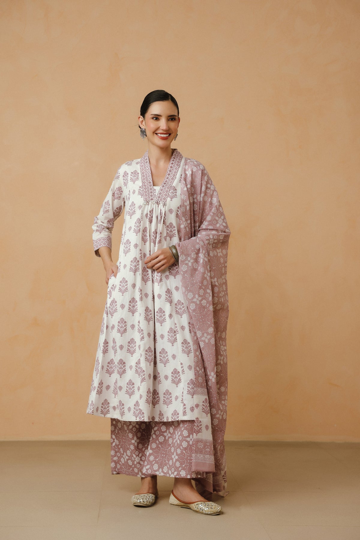 Purple Floral Printed Cotton Kurta Set with Lining and Dupatta