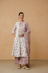 Purple Floral Printed Cotton Kurta Set with Lining and Dupatta