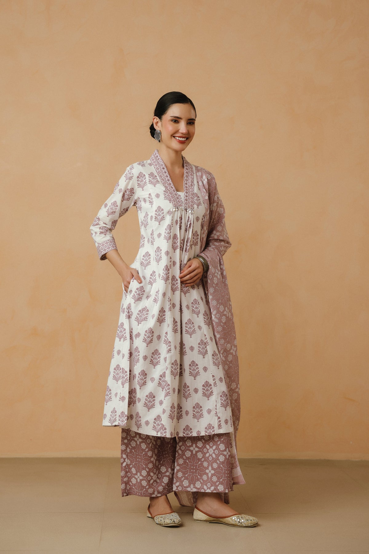 Purple Floral Printed Cotton Kurta Set with Lining and Dupatta