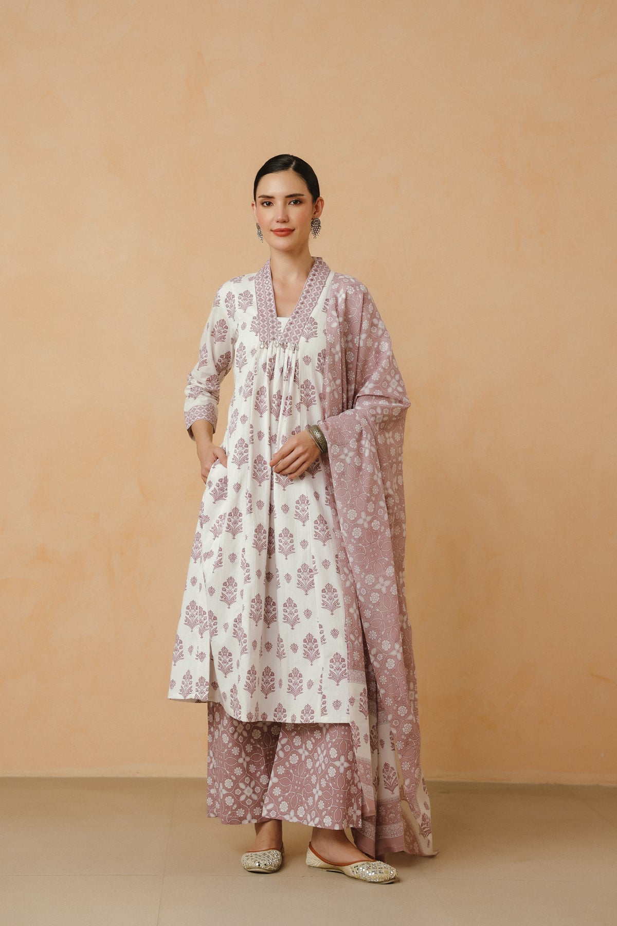 Purple Floral Printed Cotton Kurta Set with Lining and Dupatta