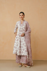 Purple Floral Printed Cotton Kurta Set with Lining and Dupatta