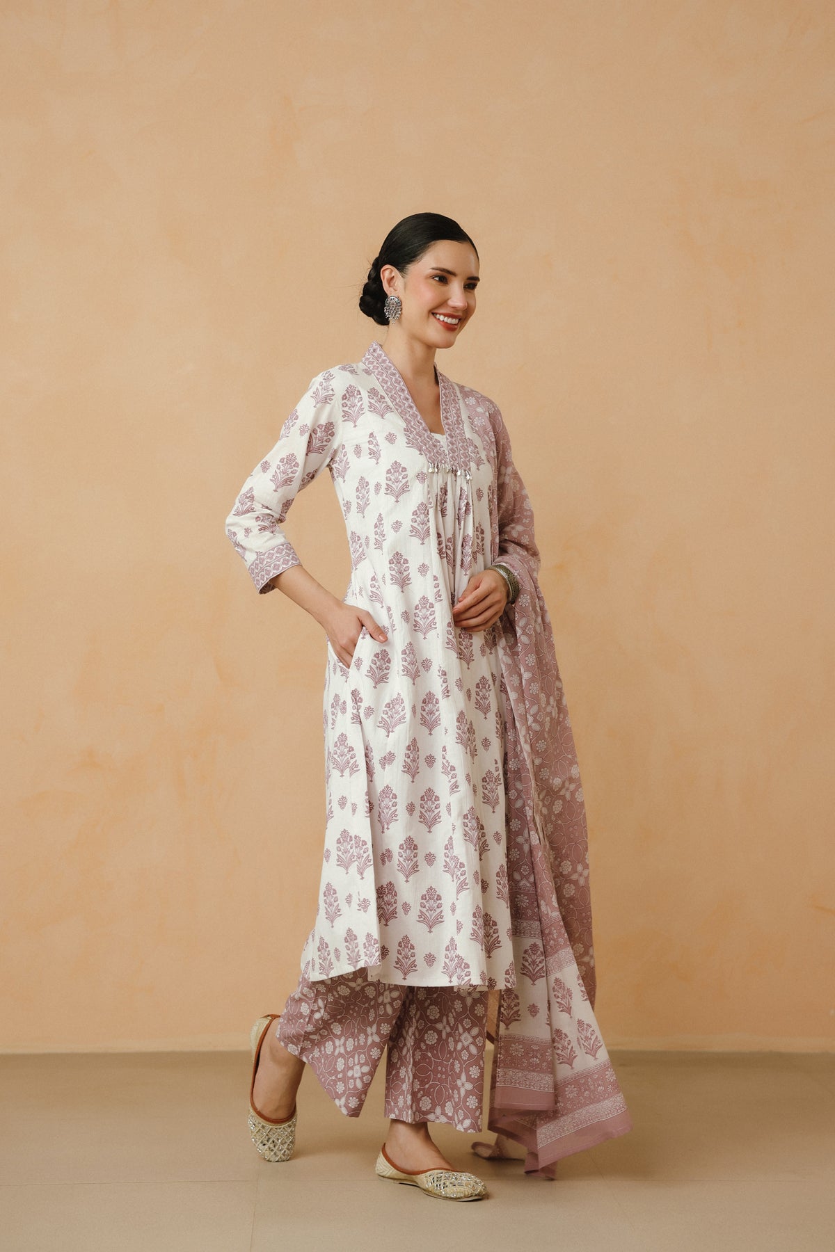 Purple Floral Printed Cotton Kurta Set with Lining and Dupatta