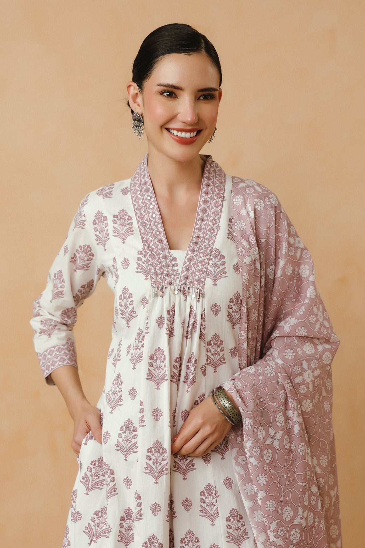Purple Floral Printed Cotton Kurta Set with Lining and Dupatta
