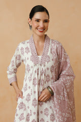 Purple Floral Printed Cotton Kurta Set with Lining and Dupatta
