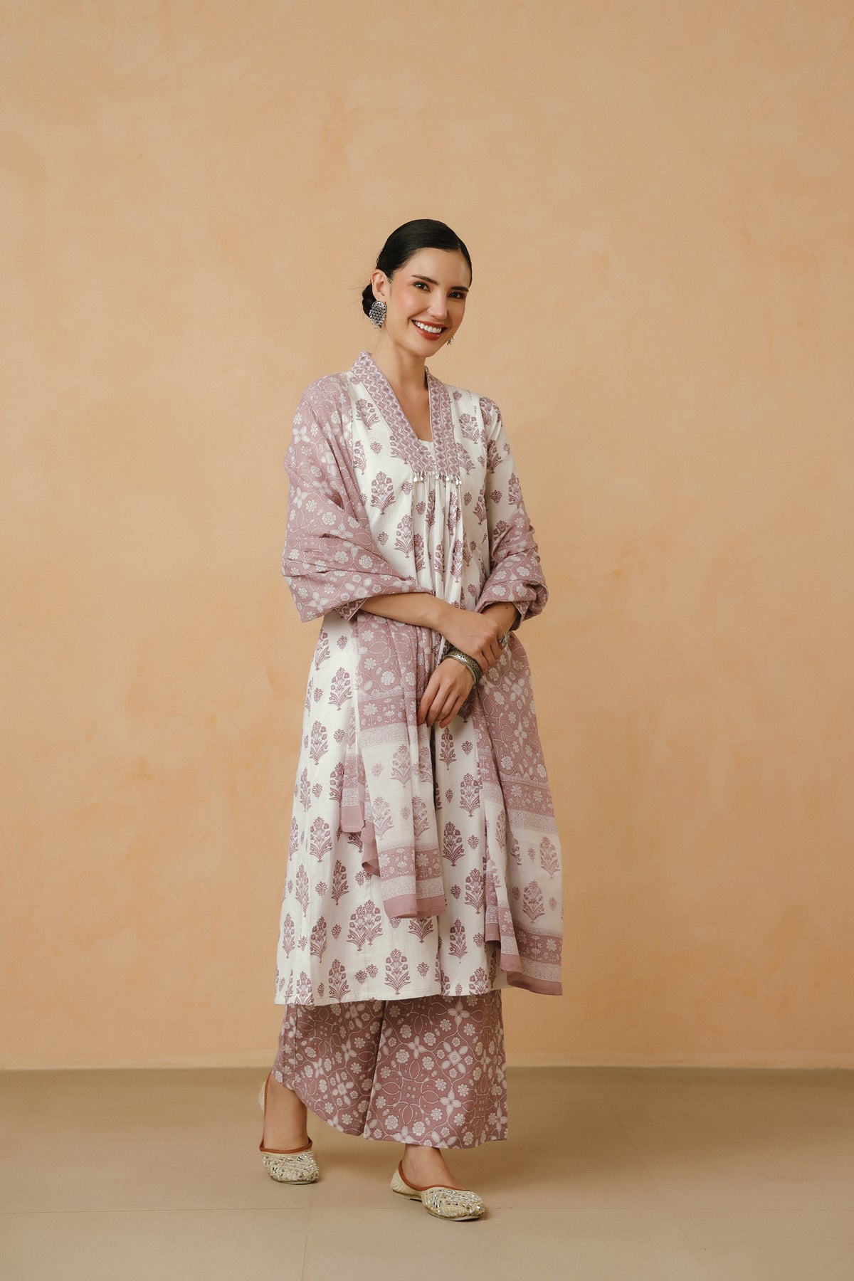 Purple Floral Printed Cotton Kurta Set with Lining and Dupatta