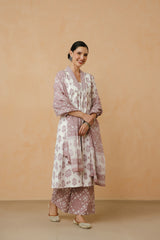 Purple Floral Printed Cotton Kurta Set with Lining and Dupatta
