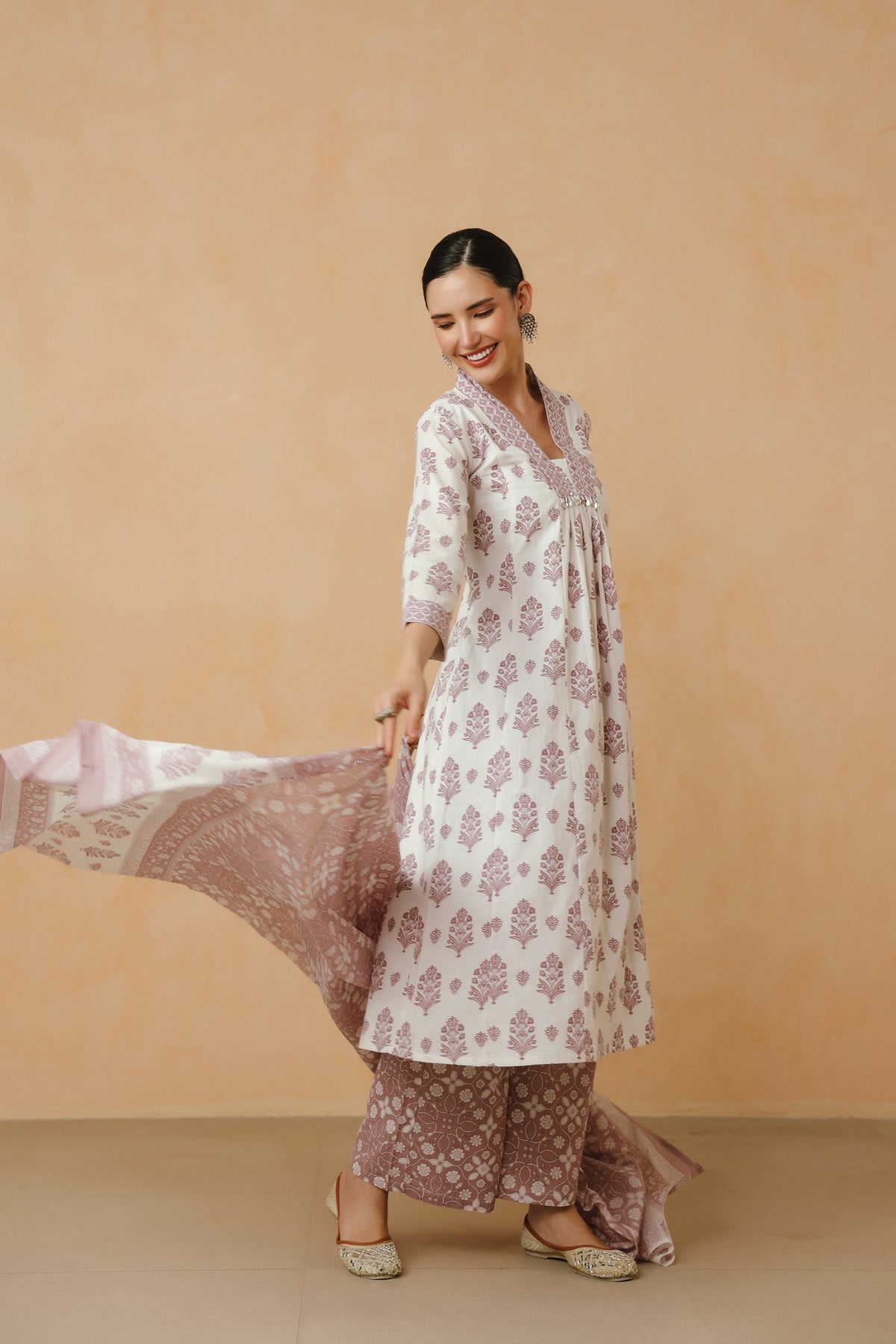 Purple Floral Printed Cotton Kurta Set with Lining and Dupatta