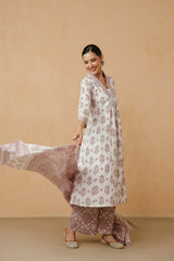 Purple Floral Printed Cotton Kurta Set with Lining and Dupatta