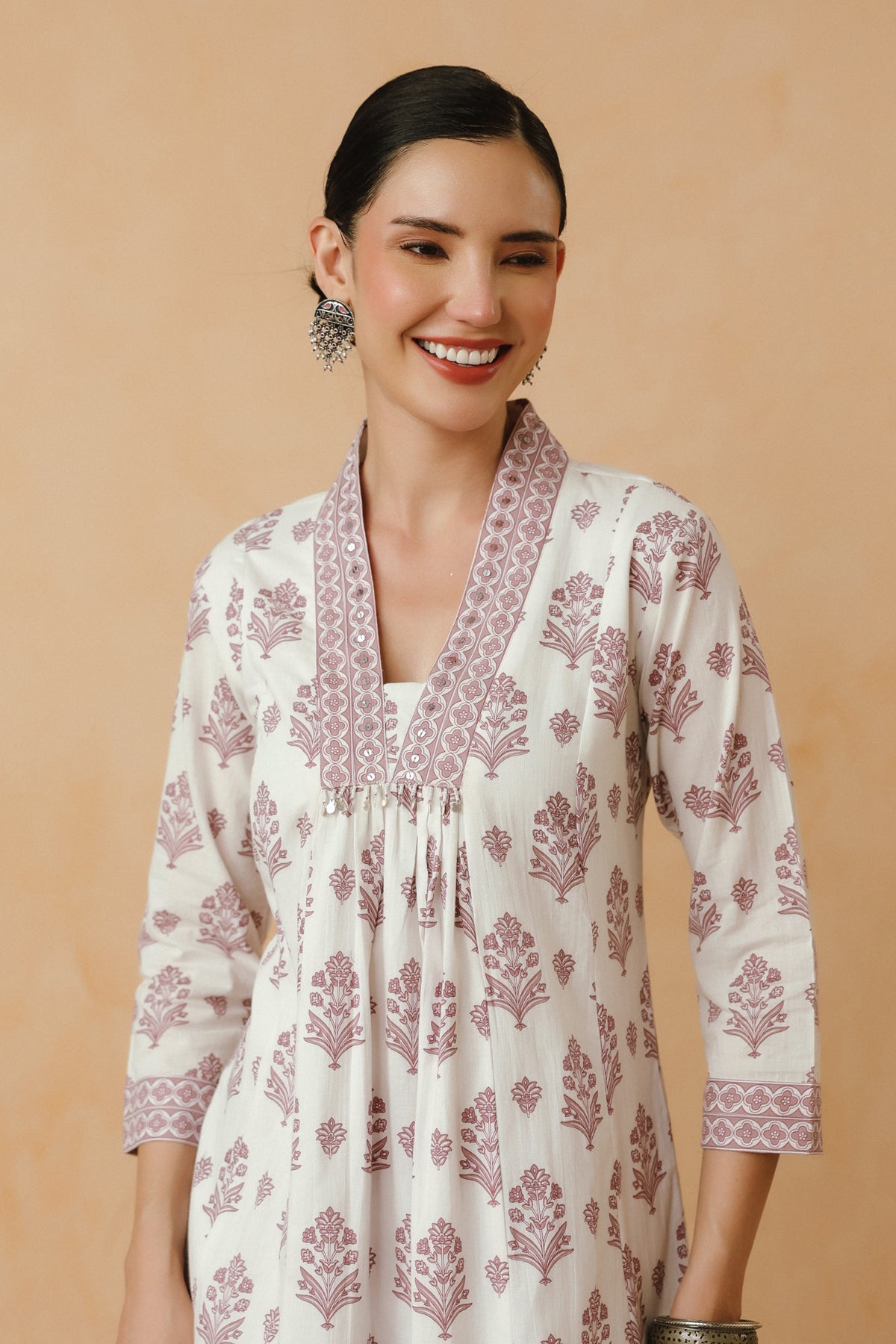 Purple Floral Printed Cotton Kurta Set with Lining and Dupatta