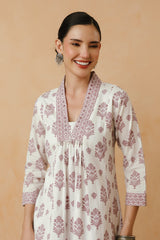 Purple Floral Printed Cotton Kurta Set with Lining and Dupatta