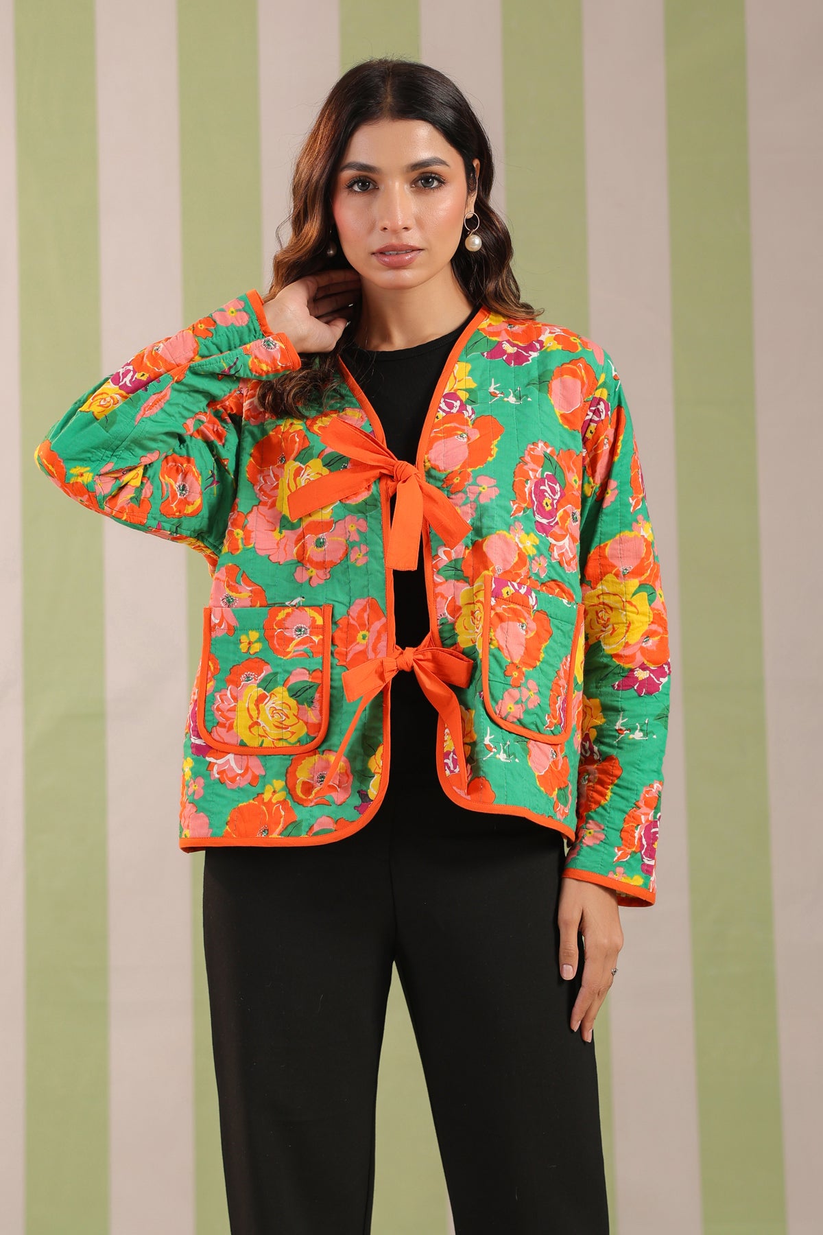 Green Floral Printed Free-Size Quilted Cotton Jacket