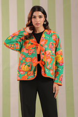 Green Floral Printed Free-Size Quilted Cotton Jacket
